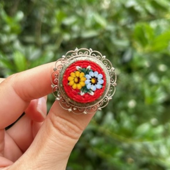 VTG Micro Mosaic Italy RED Glass Bead Flower EARRINGS BROOCH SET - Picture 4 of 8